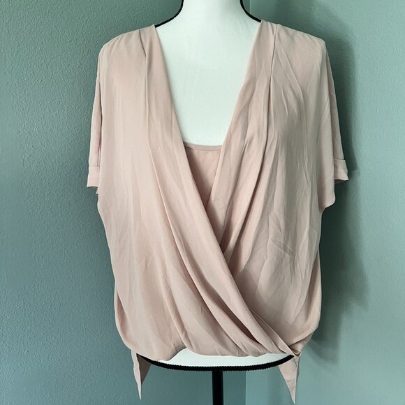 BCBG Max Azria Pink Nude Crepe Wrap Short Sleeve Jaklyn Top Size L - Picture 3 of 8